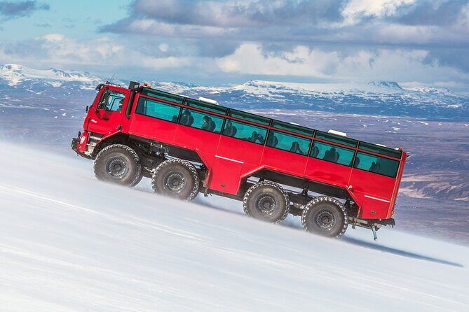 Red Glacier Monster Truck on Langjokull Glacier from Gulfoss - Glacier Café moment: hot drinks, glacier water, and Kleina